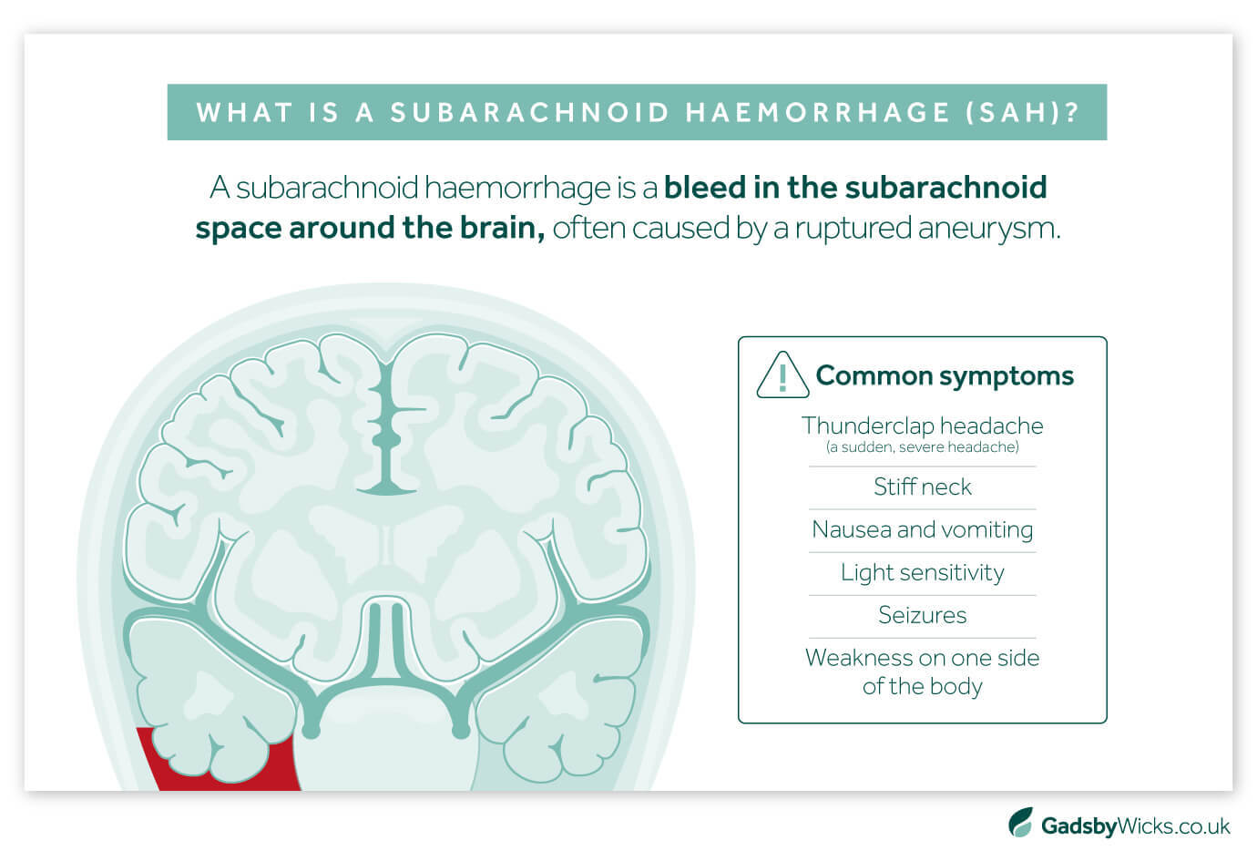 Gadsby Wicks asset illustrating what a subarachnoid haemorrhage (SAH) is, and common symptoms of a subarachnoid haemorrhage