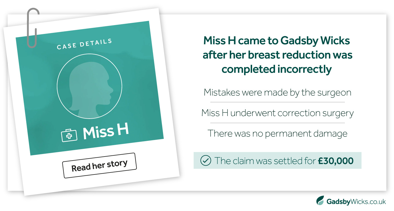 Case study - Gadsby Wicks Solicitors £30,000 cosmetic surgery claim for breast reduction mistakes by a surgeon needing correction surgery - Infographic